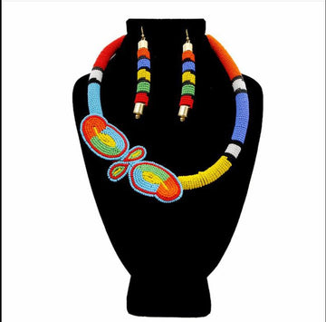 Open image in slideshow, Multi Colors Zulu beaded Necklace Set