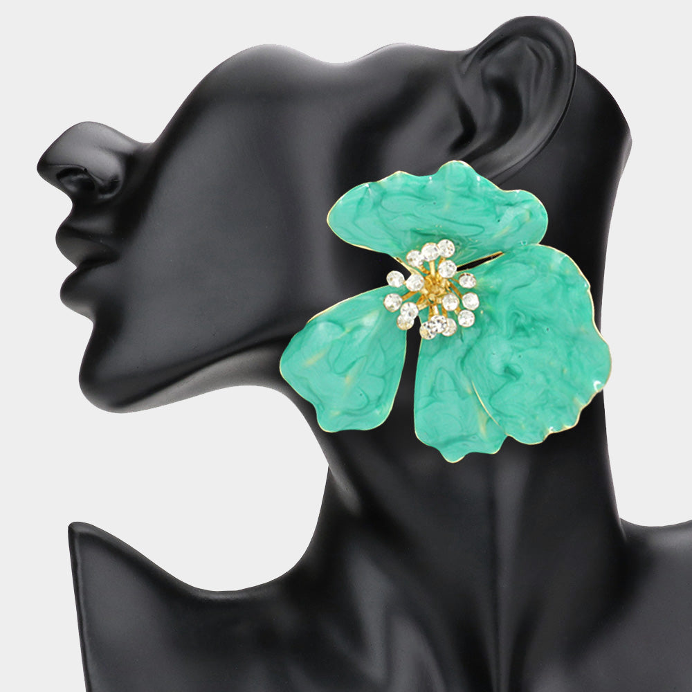 Oversized Stone Bud Enamel Petal Flower Earrings