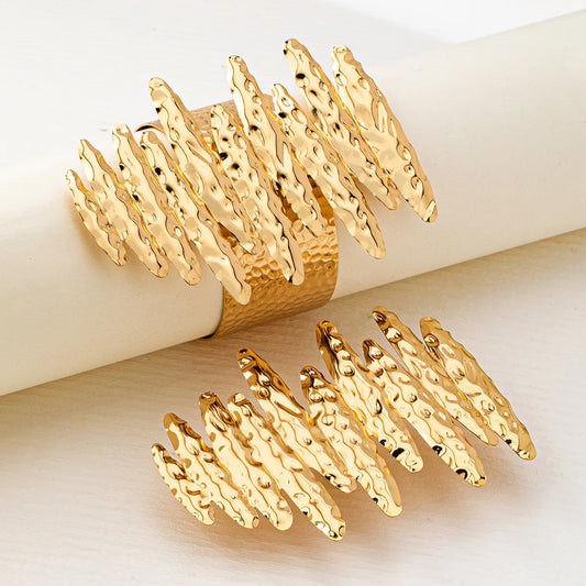Kissy Titi Metal Hammer Pattern Long Oval Splicing Water Wave Design Bracelet Ring Two-Piece Set