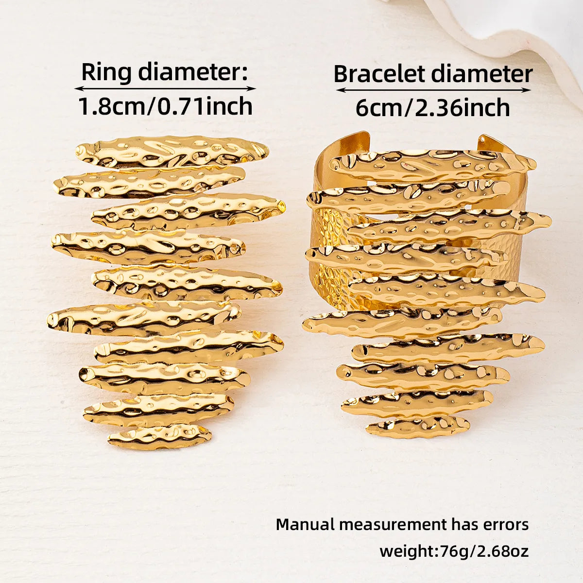 Kissy Titi Metal Hammer Pattern Long Oval Splicing Water Wave Design Bracelet Ring Two-Piece Set