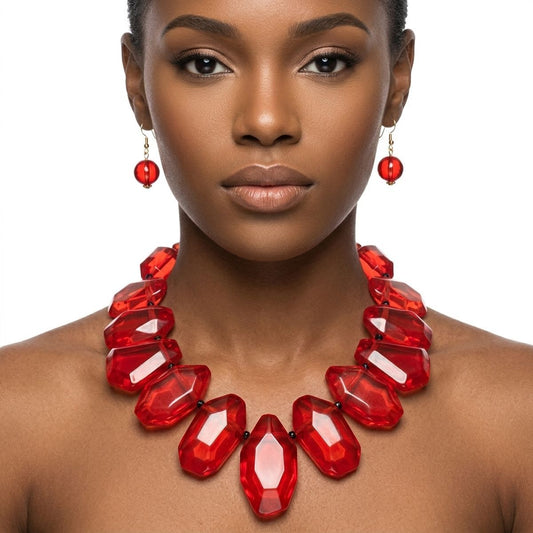 Queen Priscilla Toggle Chunky Red Bead Cord Tribal Necklace Set