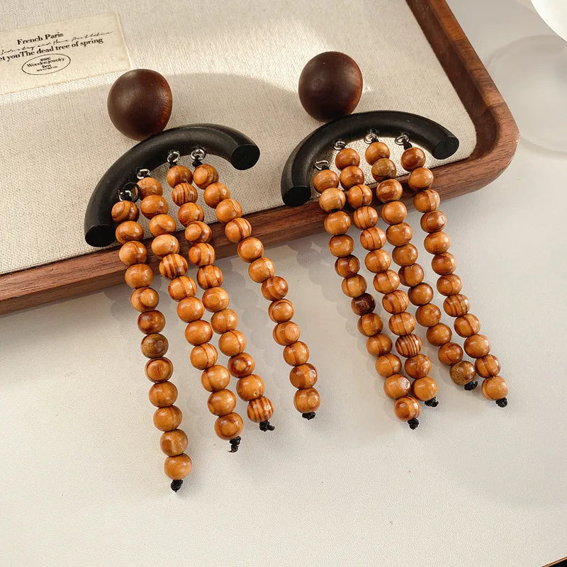 Miss Kono Wooden Bead Tassel Earrings Ethnic Design Unique Women's Geometric Iron Post Earrings