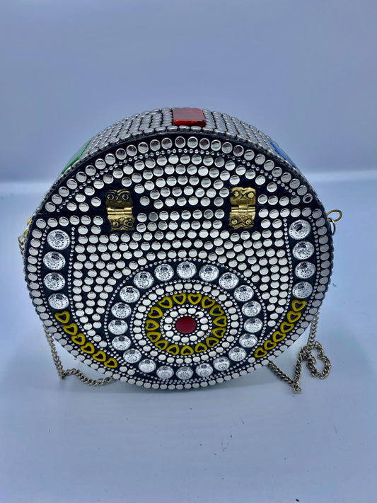 Round Silver Buttons With Yellow Heart Shapes Mosaic Clutch