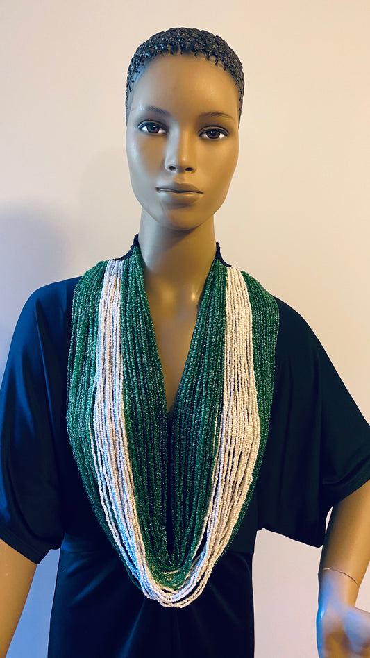 Green and White Long Layered Seed Bead Necklace