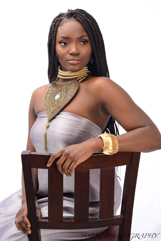 Gold Beaded Bib Necklaces Set with Rhinestones and Tassel