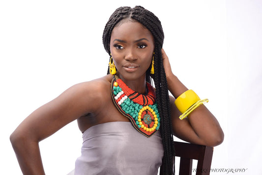 african model with muti color stone necklace