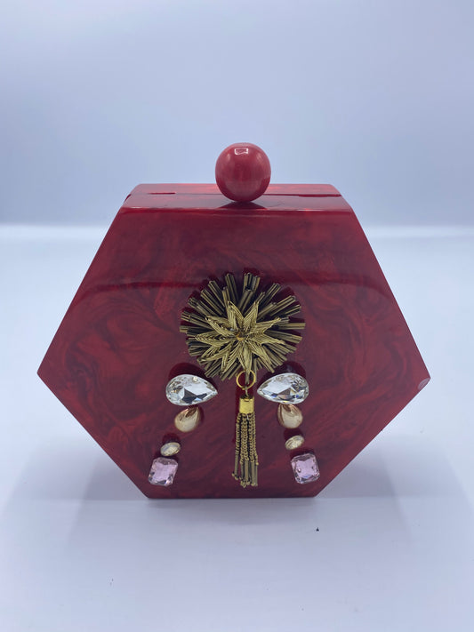 Handcrafted Red Hexagon Resin with embellishment of pearls and stones Clutch