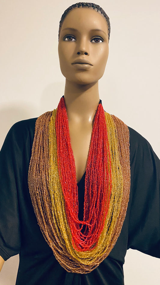 Orange Yellow and Red Long Layered Seed Bead Necklace