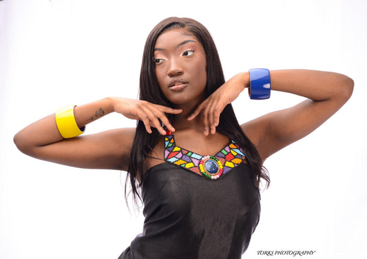 Rainbow Beaded Collar Bib Necklace Set Featuring Beaded Neckline