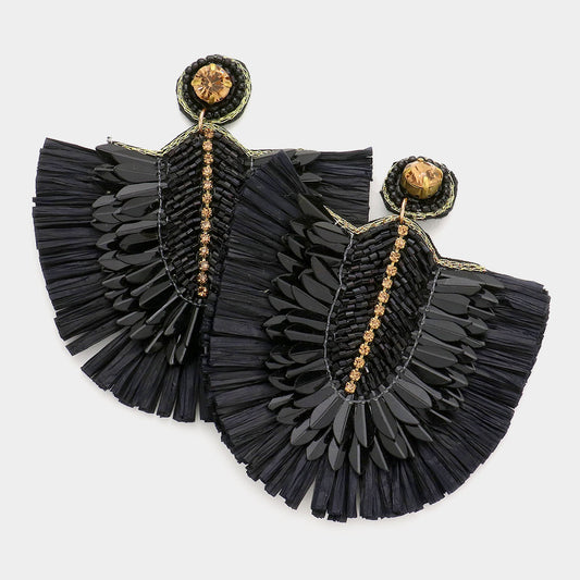 Stone Embellished Boho Raffia Dangle Earrings