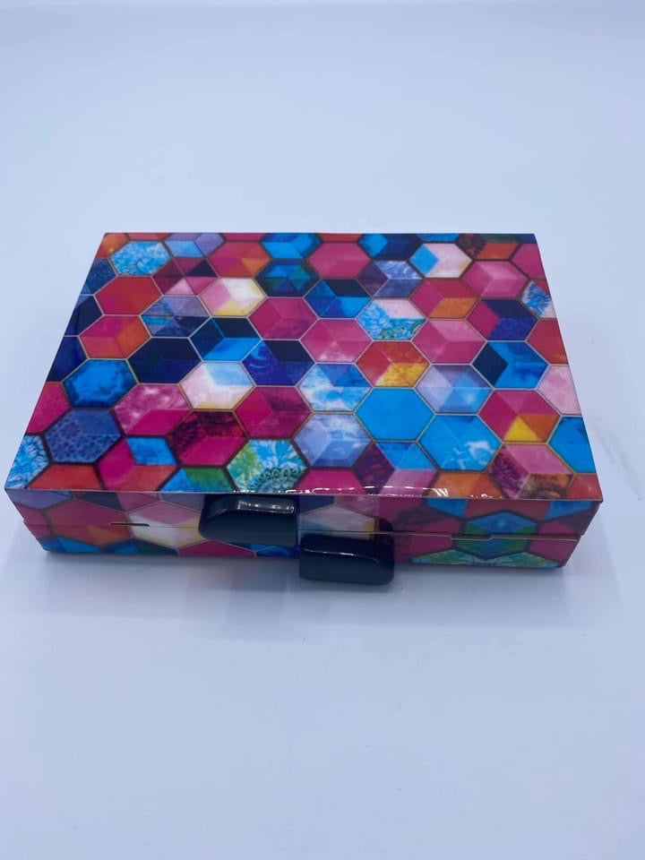 Trapezoid Handmade Mosaic Muti colors Printed Wooden Clutch.