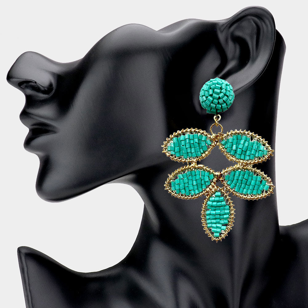 Wire Wrapped Beaded Leaf Dangle Earrings