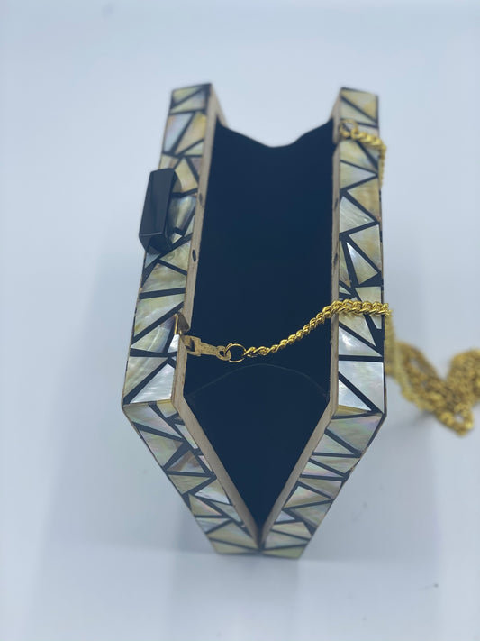Handcrafted Prism Ivory and Black Mother Of Pearl Clutch