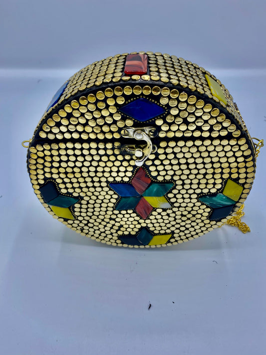 Round Golden Buttons with Multi Color Stars Design Stones clutch