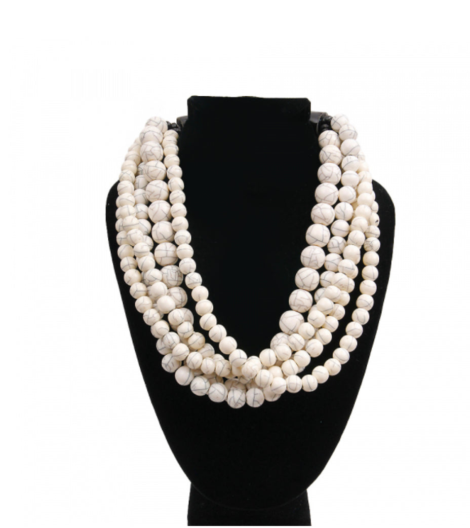 Multi Strand Cracked White Beads with Hook Closure Necklace
