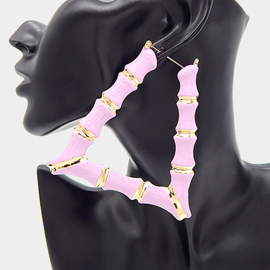 Enamel Metal Bamboo Trapezoid Hoop Earrings