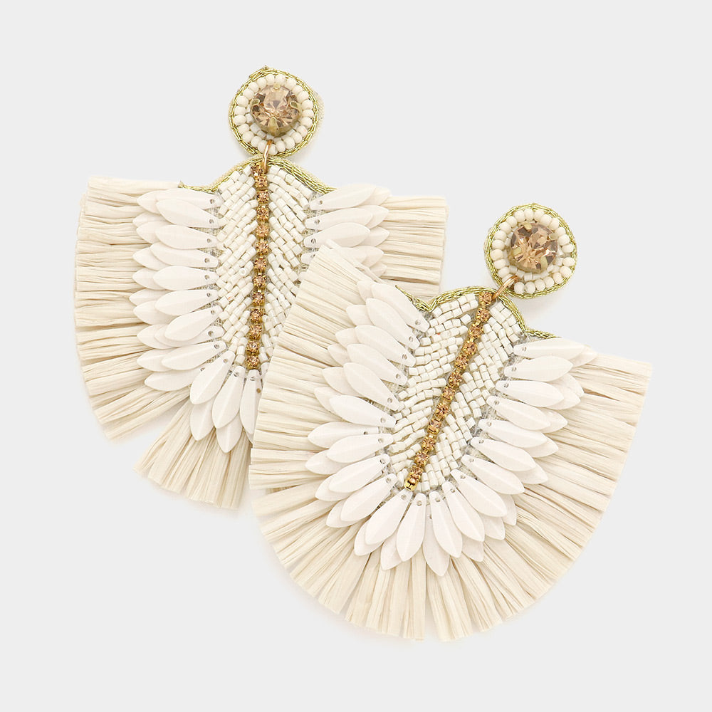 Stone Embellished Boho Raffia Dangle Earrings
