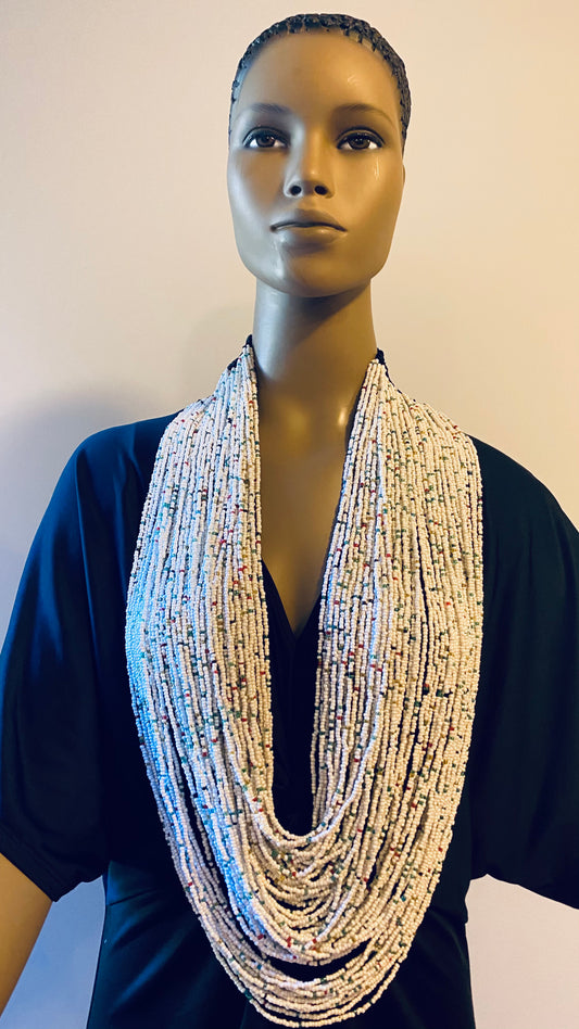 White with Multi Colors Long Layered Seed Bead Necklace