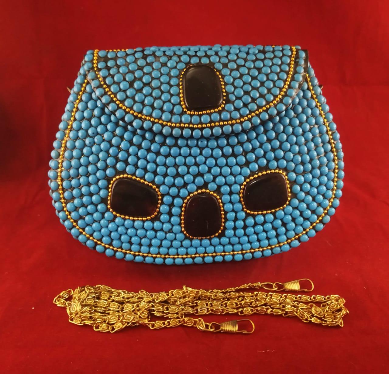 Handmade Bohemian Blue metal shell Clutch.