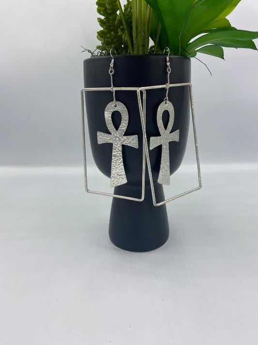 Queen Zahra Brass Square Ankh Earrings.