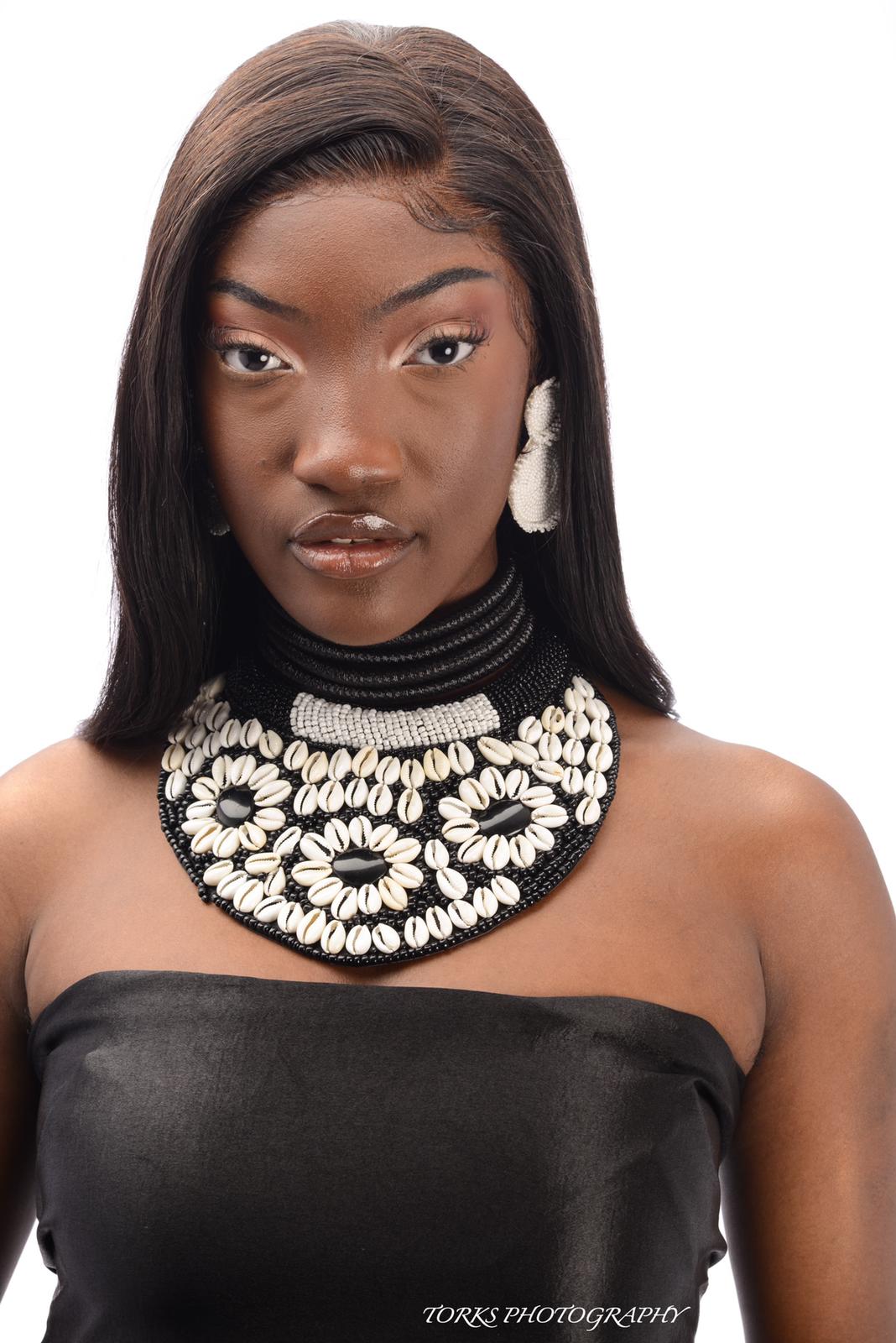 Black and White Bead and Cowrie Shell Bib Necklace Set