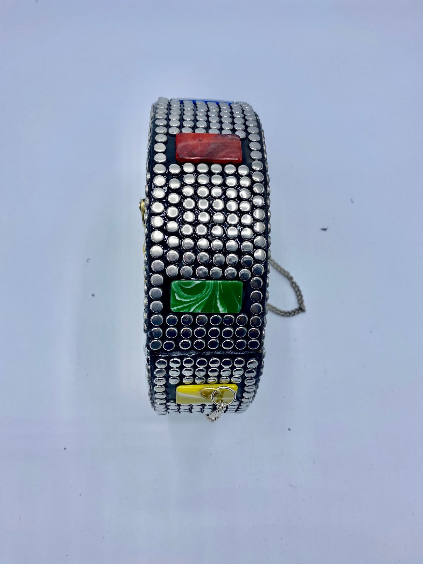 Round Silver Buttons With Yellow Heart Shapes Mosaic Clutch