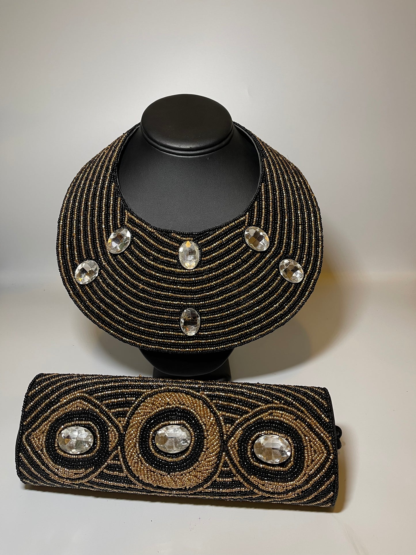 Black and Gold Bead Large Collar Bib Necklace