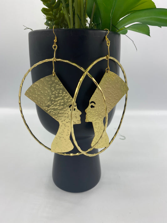 Extra Large Queen Nefertiti Brass Circle Earrings