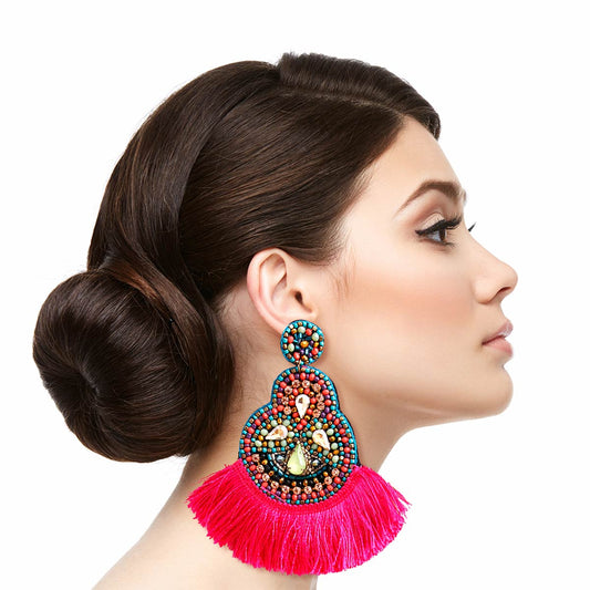 Fuchsia Fan Embroidered Bead Earrings