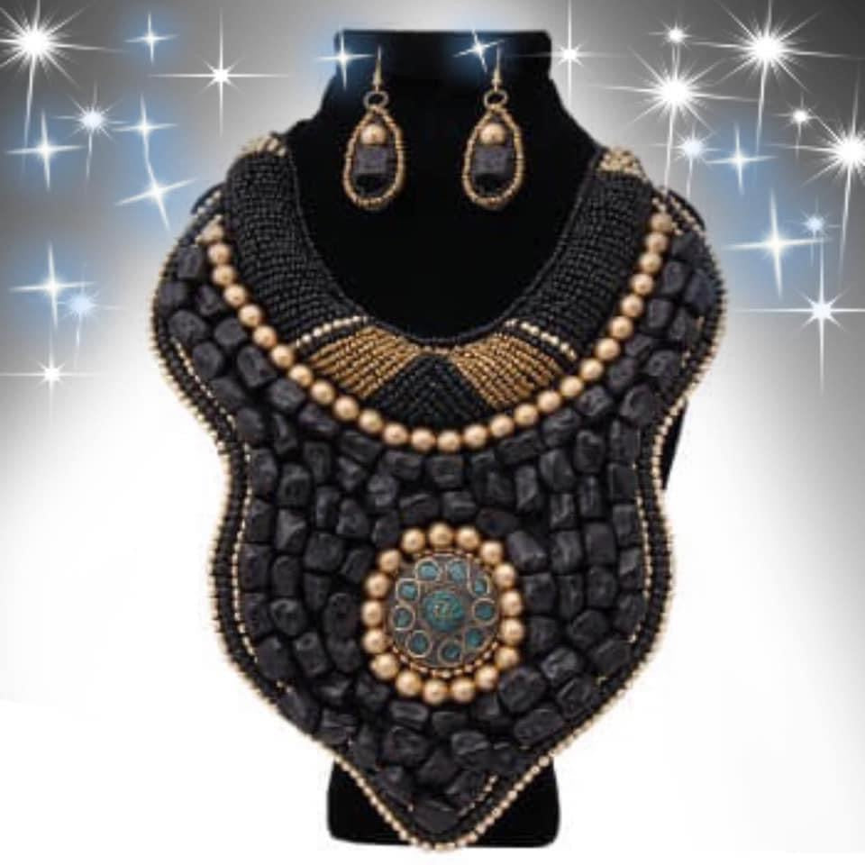 Multi Color Bead and Stone Raised Collar Bib Necklace Set
