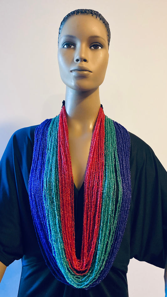 Light Green, Navy, and Red Long Layered Seed Bead Necklace