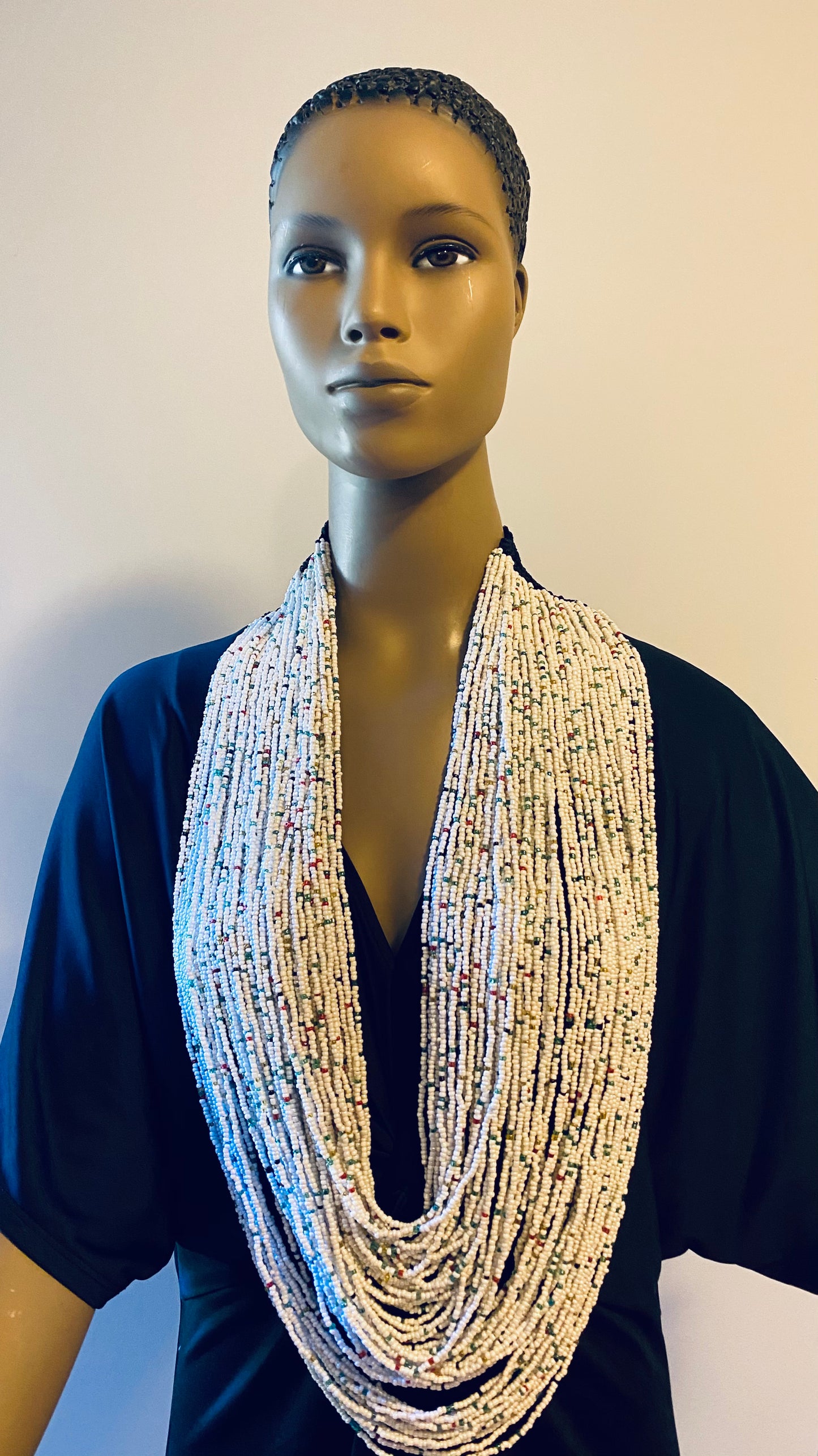 White with Multi Colors Long Layered Seed Bead Necklace