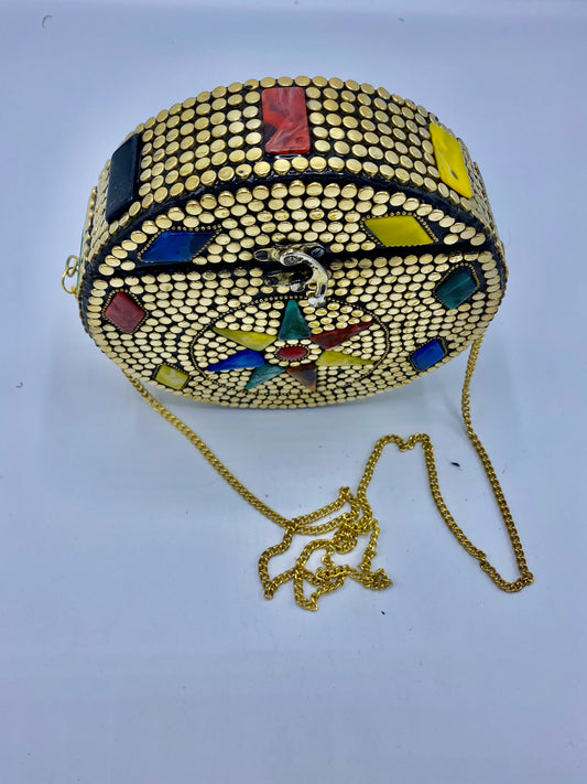 Round Golden Buttons with Multi Color Star in Center Design Stones clutch