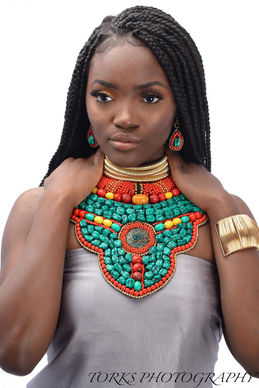turquise and stone bead collar necklace