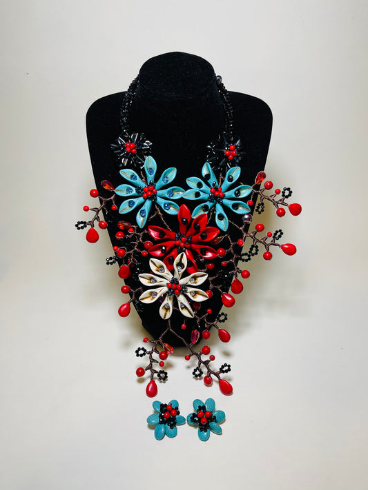 Red White And Turquoise Blue Beds Of Flowers Necklace Set