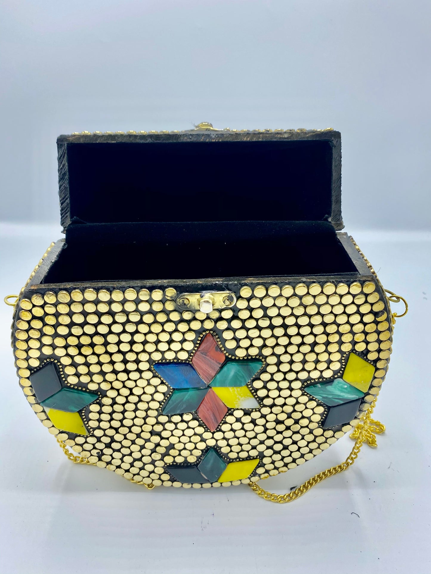 Round Golden Buttons with Multi Color Stars Design Stones clutch