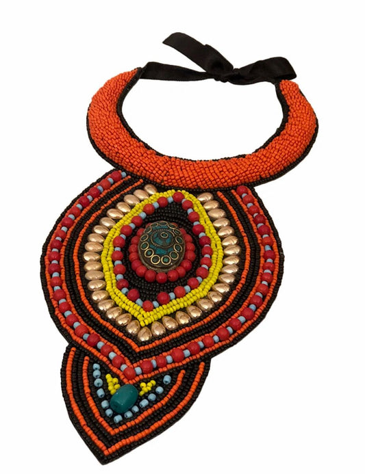 Multi-Colors Bead with Turquoise Mosaic Pendant Bib Necklace