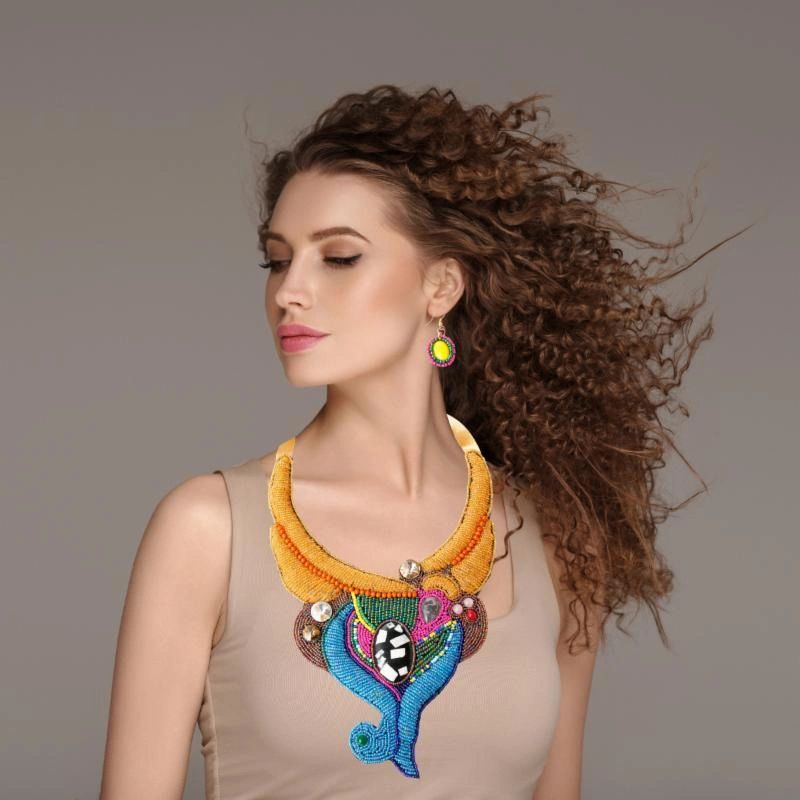 Multi Color Beaded Raised Edging Swirled Bib Necklace Set Featuring Crystal and Rhinestone Detail