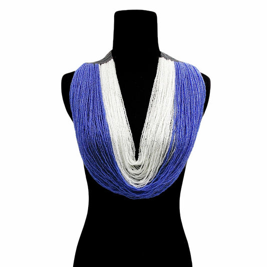Blue and White Long Layered Seed Bead Necklace