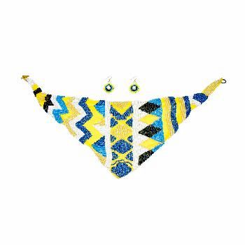 Handmade Yellow Chiffon Scarf Necklace Set with Embroidered Blue, White, and Black Beads