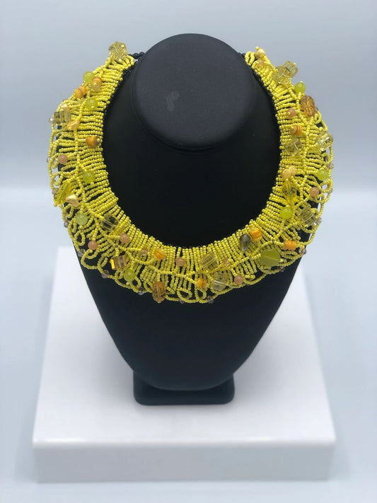 Handmade Floral Valley Seed Beads with Crystals Necklace.