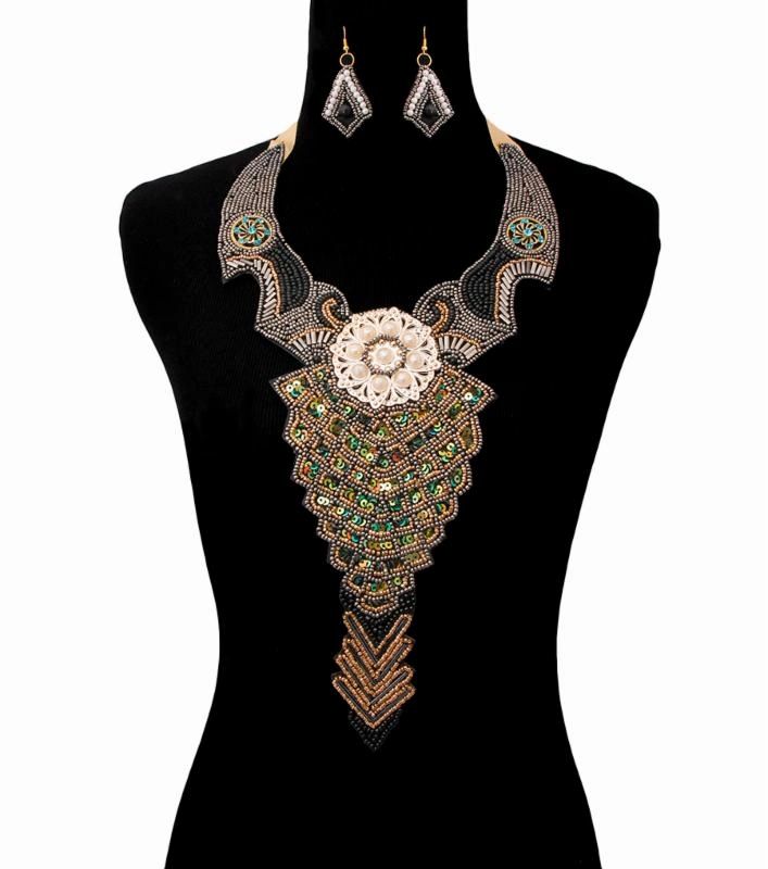 Sequin and Pearl Bead Bib Style Necklace Set