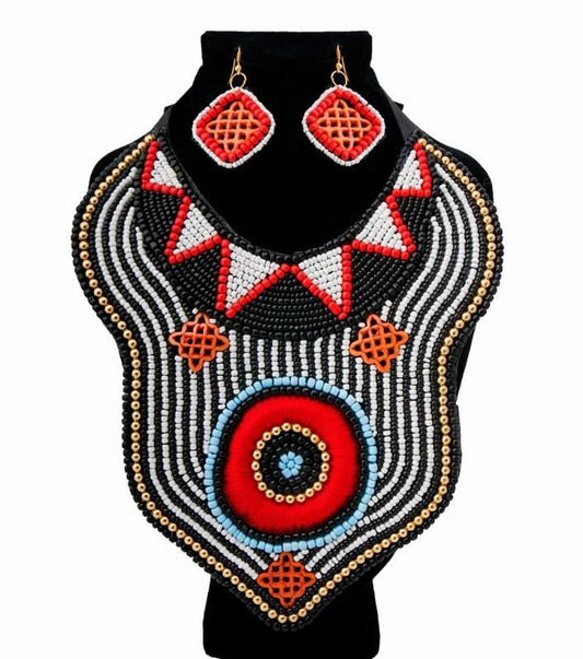 Black and White Bead and Red Thread Bib Necklace Set