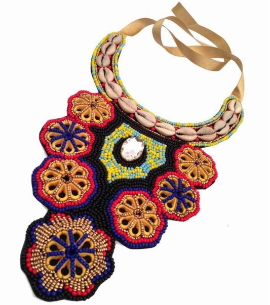 Multi Color Cowrie Shell Tribal Bib Necklace