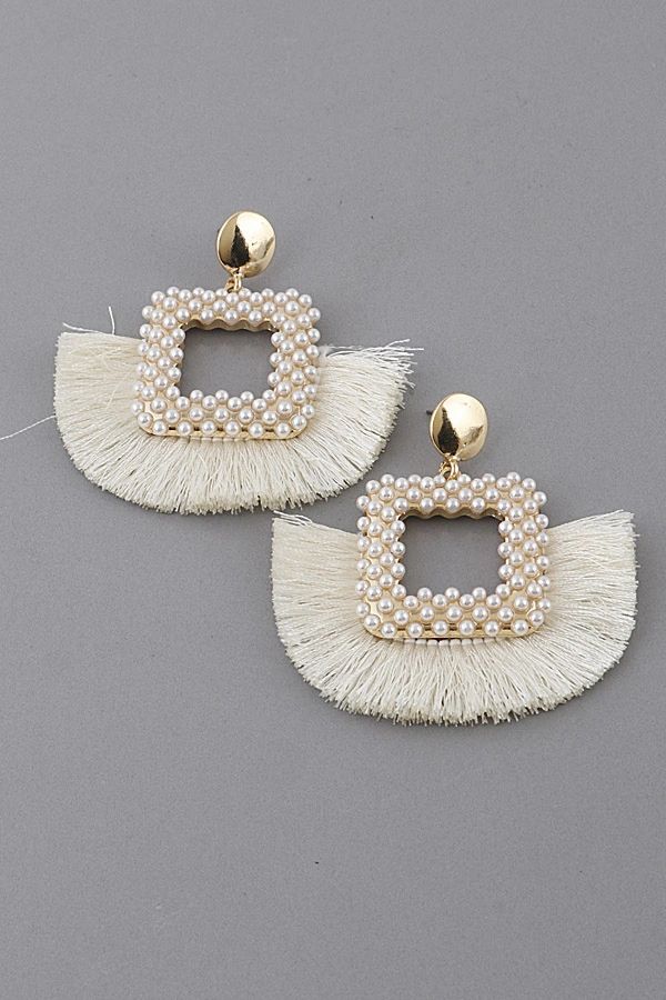Pearl Rectangle Detailed Tassel Earrings