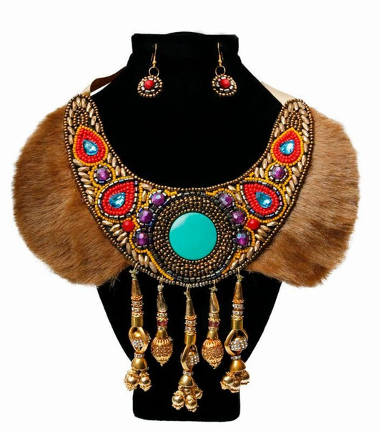 Multi Color Bead and Fur Collar Bib Necklace Set with Gold and Rhinestone Drops