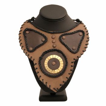Brown Leather Bib Necklace with Stitching and Gold Detail