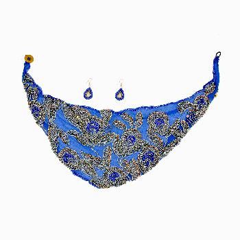 Handmade Blue Chiffon Scarf Necklace Set with Embroidered Beads and Sequins