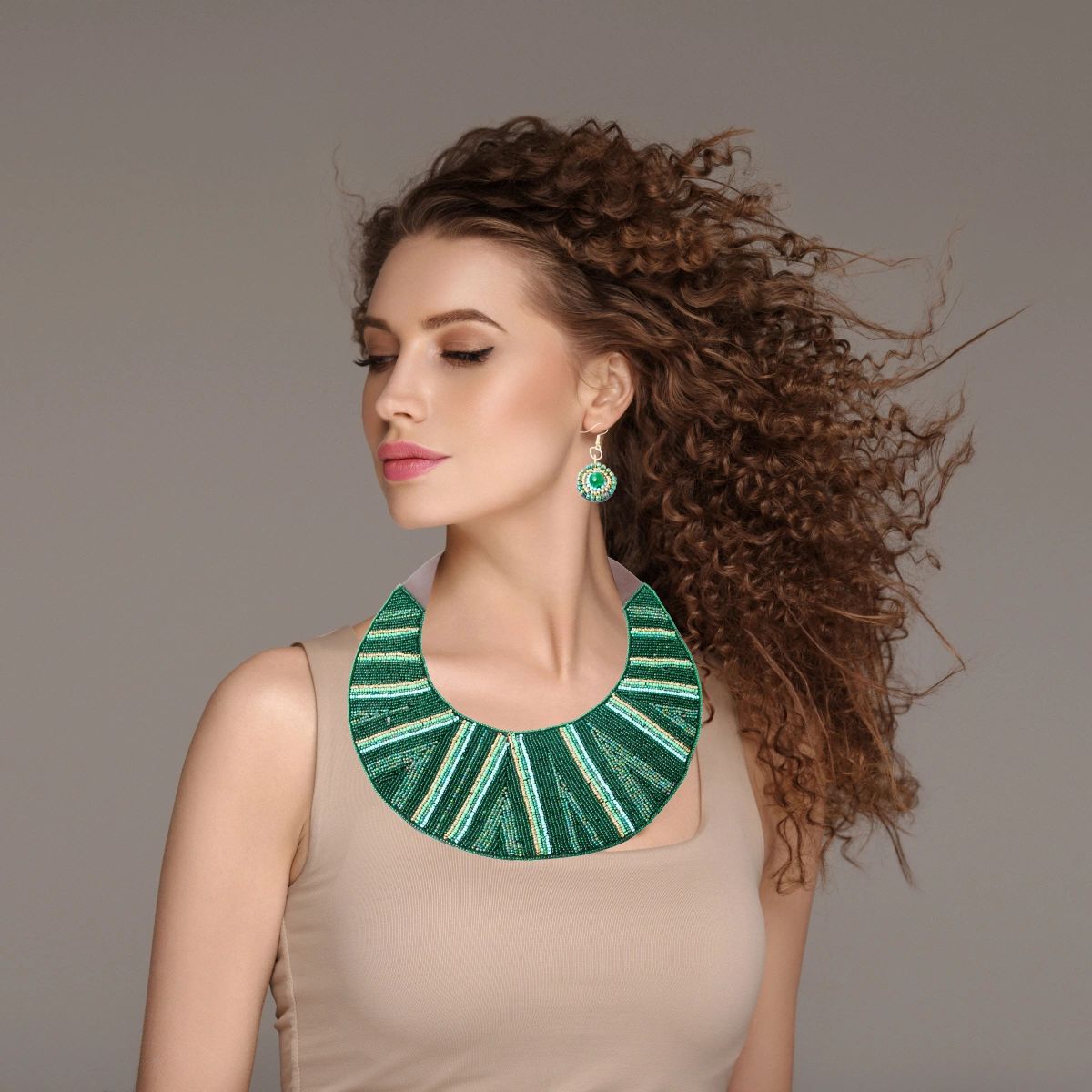 Green Striped Round Beaded Bib Necklace Set Featuring Leather Neckline and Snap Closure