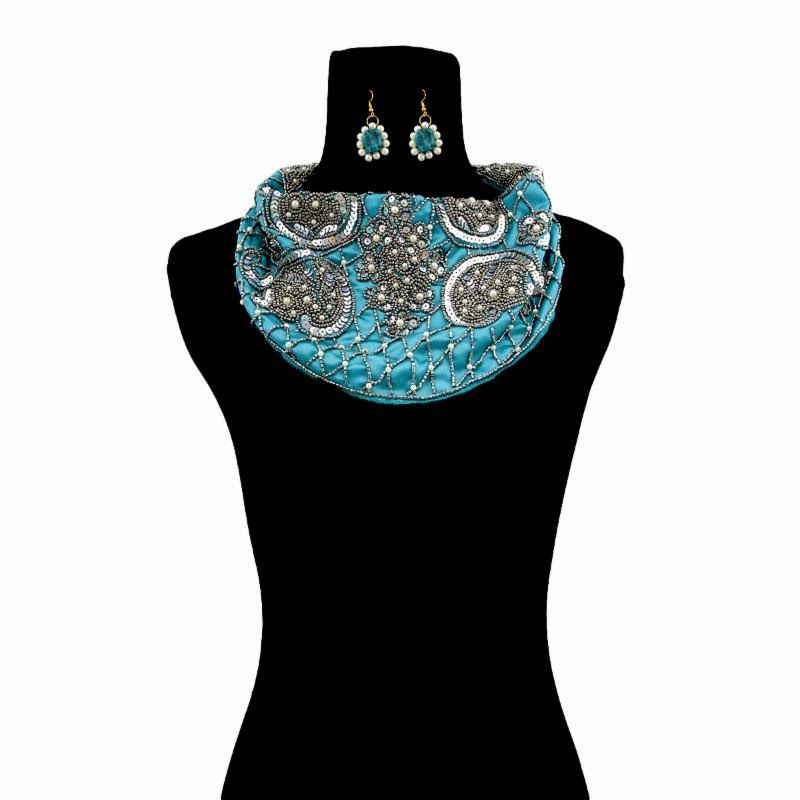 Handmade Teal Satin Scarf Necklace Set with Embroidered Sequins, Beads, and Pearls